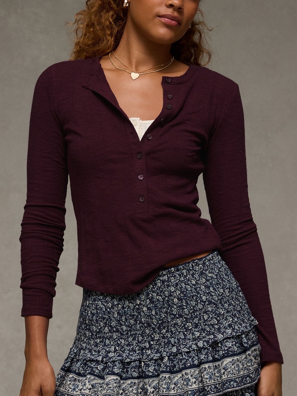 AMERICAN EAGLE Women's Long-Sleeve Henley Top in Deep Plum